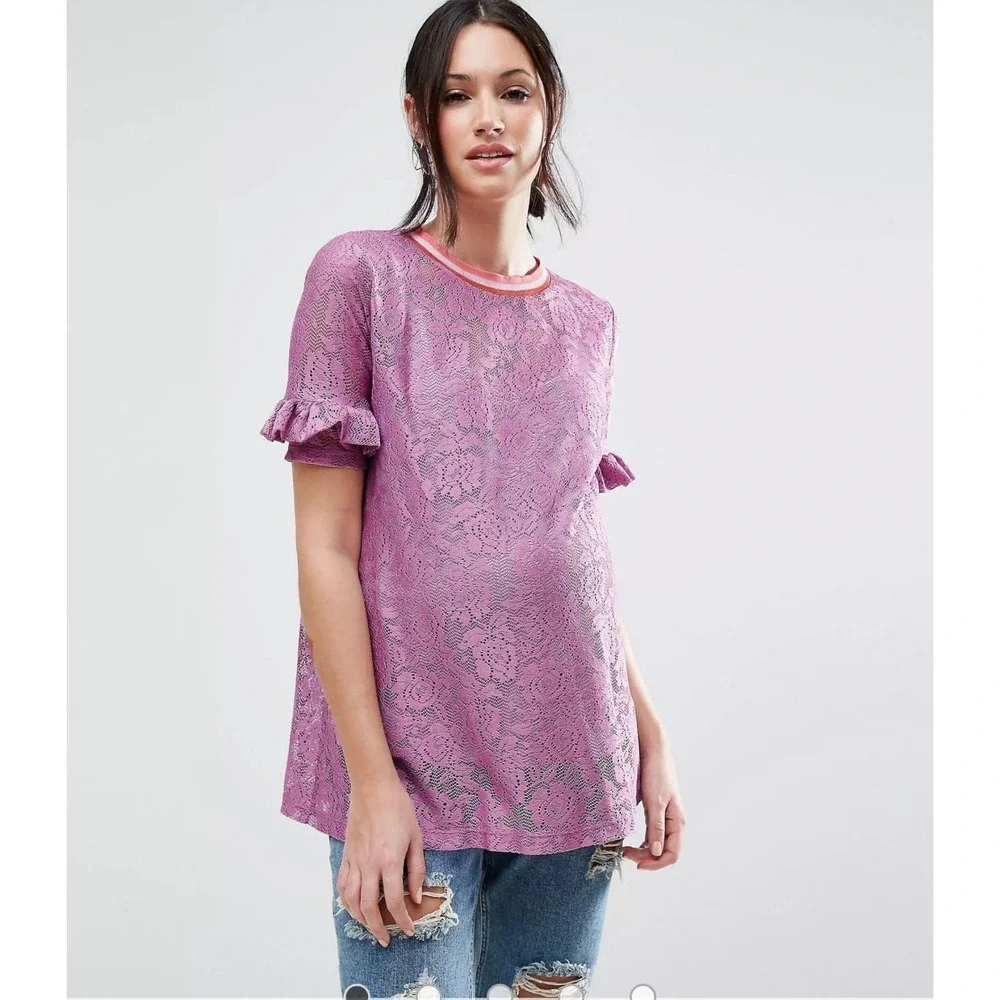 ASOS Maternity Lilac Lace Ruffle Sleeve Stripe Tipping T-Shirt Size 18 - Picture 4 of 13